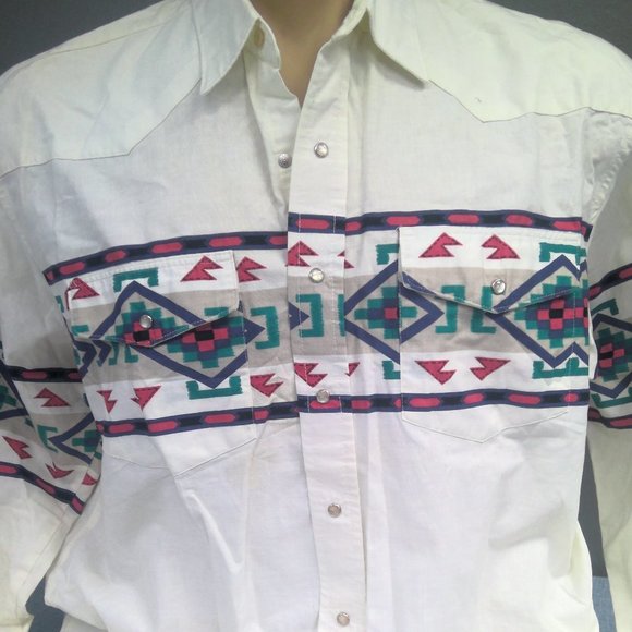 Vintage Express Riders Pearl Snap Shirt Long Sleeve Aztec Print Men's XL - Picture 2 of 8